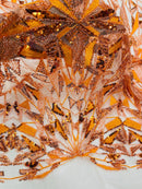 Orange Beaded Fabric By The Yard, Luxury Geometric Design Beads and Sequins
