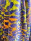 60" Multi-Color Leopard Print Fur Fabric - Orange / Lime / Purple - Faux Fabric Shaggy Fur Fabric By Yard