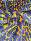 60" Multi-Color Leopard Print Fur Fabric - Orange / Lime / Purple - Faux Fabric Shaggy Fur Fabric By Yard