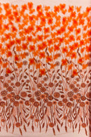 Orange Beaded Fabric 3D Floral Butterfly Fabric by the Yard, Luxury Butterfly Mesh