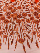 Orange Beaded Fabric 3D Floral Butterfly Fabric by the Yard, Luxury Butterfly Mesh