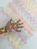 3D Butterfly Design - Pastel Rainbow - Embroidered 3D Butterfly Design On Lace Mesh Fabric By Yard