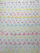 3D Butterfly Design - Pastel Rainbow - Embroidered 3D Butterfly Design On Lace Mesh Fabric By Yard