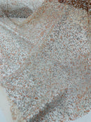 Bead/Sequins Lace Fabric - Peach / Silver - Small Sequins and Beads Embroidered on Lace Fabric By Yard