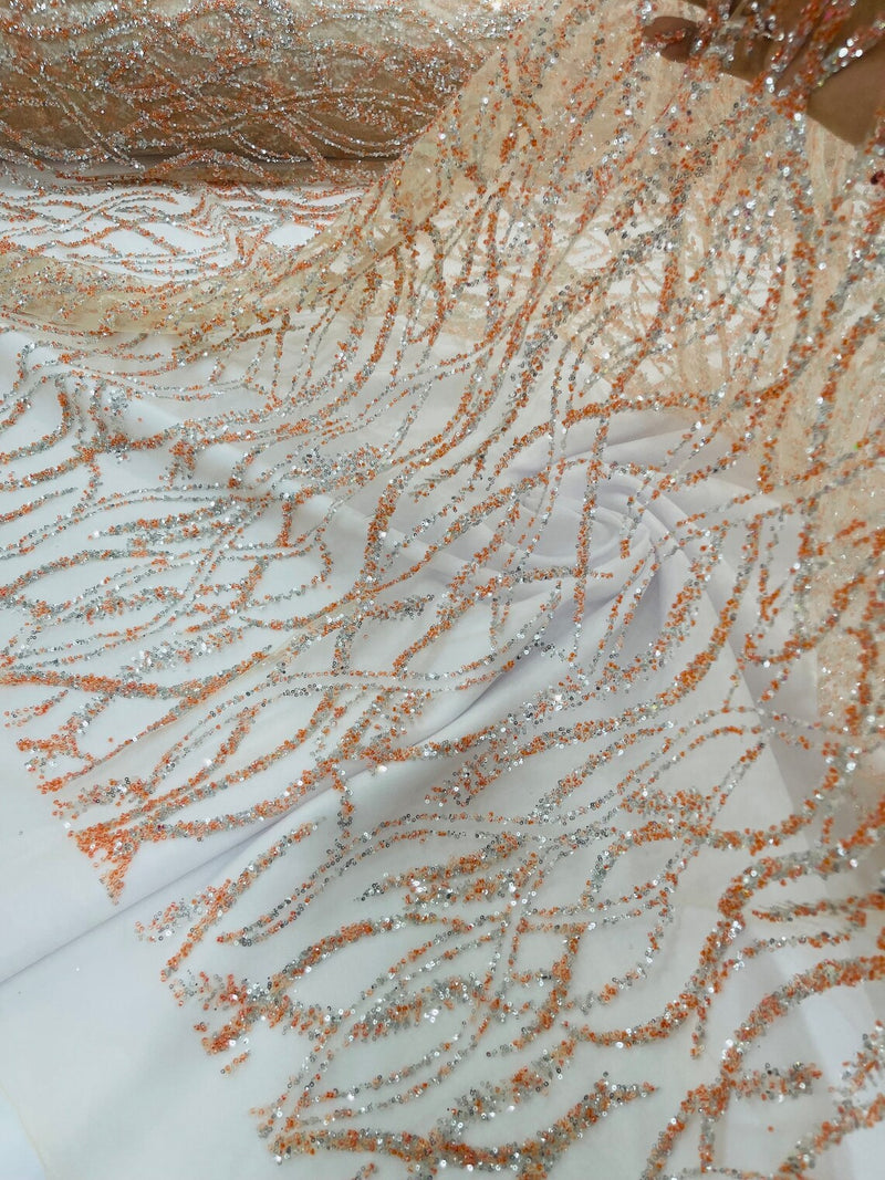 Beaded Wavy Fabric Design - Peach / Silver - Bead and Sequins Wavy Lace Fabric By Yard