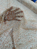 Bead/Sequins Lace Fabric - Peach / Silver - Small Sequins and Beads Embroidered on Lace Fabric By Yard