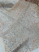 Bead/Sequins Lace Fabric - Peach / Silver - Small Sequins and Beads Embroidered on Lace Fabric By Yard