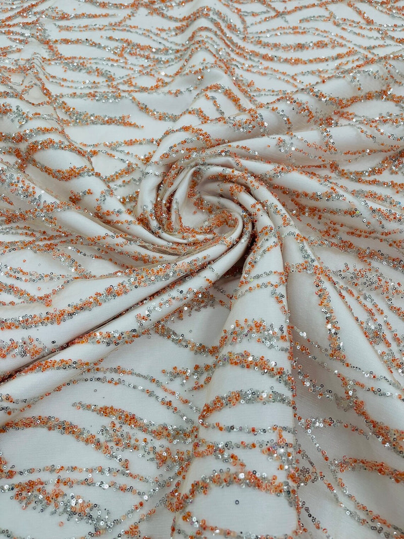 Beaded Wavy Fabric Design - Peach / Silver - Bead and Sequins Wavy Lace Fabric By Yard