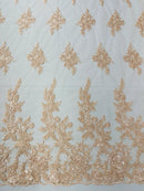 Rose Beaded Sequin Fabric - Peach - Embroidered Floral Pattern with Beads and Sequins By Yard