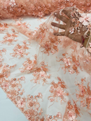 3D Flower Pearl Design - Peach - Embroidered Sequins Floral Clusters Lace Fabric By Yard