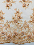 3D Floral Fabric - Peach - Embroidered Flower with Rhinestone and Sequins Fabric Sold By Yard
