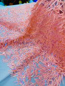 Sword Shaped Sequins - Peach - Hanging Iridescent Sequins On Mesh Fabric By Yard