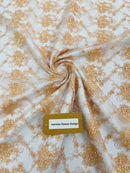 Jasmine Flower Fabric - Peach - Embroidered Floral Design Lace Mesh Bridal Fabric By Yard