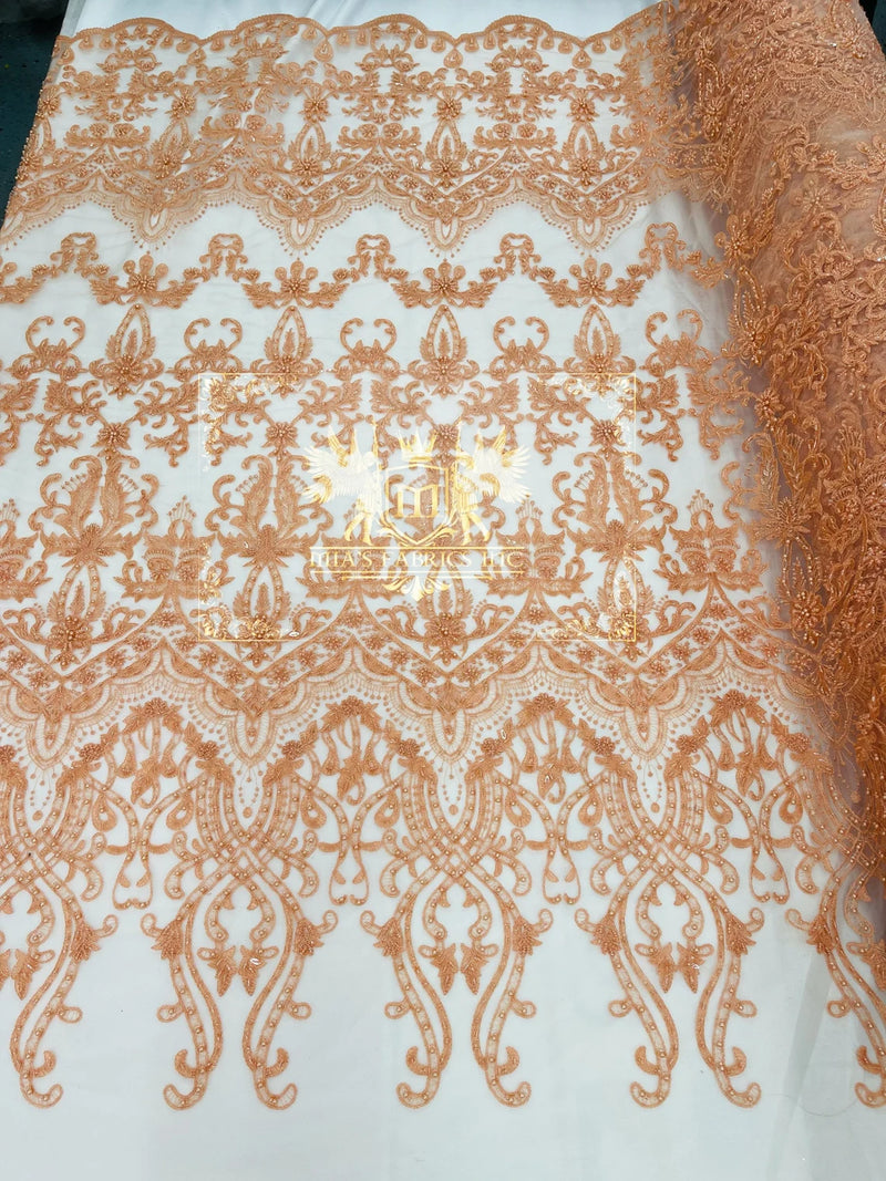 Damask Beaded Glam Fabric - Peach - Embroidery Beaded Fabric with Round Beads Sold By The Yard