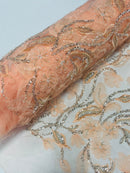 3D Tulle Mesh Flower Fabric - Peach - Beaded Mesh Flower Plant Design Sold By Yard