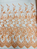 3D Scalloped Floral Fabric - Peach - Embroidered Floral Design on Lace Sold By Yard