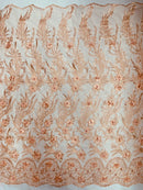 3D Floral Leaf Line Panels - Peach - 3D Embroidered Flower Lines with Pearls on Lace By Yard