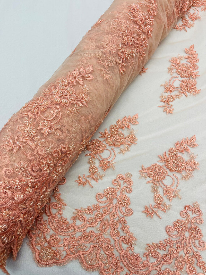 Floral Cluster Beaded Fabric - Peach - Embroidered Flower Beaded Fabric Sold By Yard