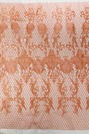 Damask Diamond Net Lace Fabric - Peach - Damask Design Embroidered on Lace Mesh Fabric by Yard