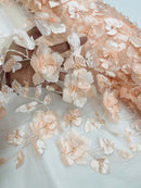 3D Orquidia Floral Lace - Peach - Beautiful Orchid Flower Fabric on Mesh by Yard
