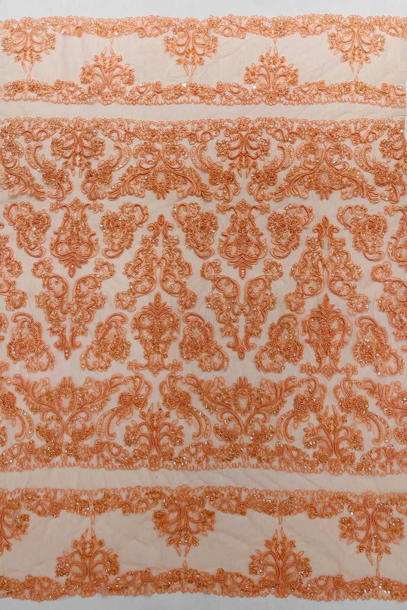 My Lady Beaded Fabric - Peach - Damask Beaded Sequins Embroidered Fabric By Yard