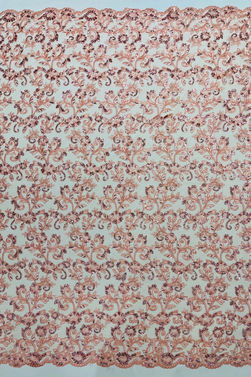 Floral Sequins Corded Fabric - Peach - Lace Sequins Fabric in Floral Pattern Sold By Yard