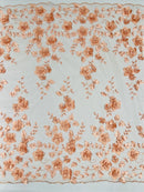 Floral 3D Pearl Fabric - Peach - Embroidered Double Border Flower Design Pearl Fabric By Yard