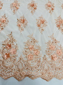 3D Floral Fabric with Pearls - Peach - Embroidered Flower and Leaf Patterns on Lace Fabric by Yard