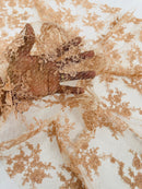 Floral Cluster Corded Fabric - Peach - Fancy Flower Embroidery Lace Mesh Fabric By Yard