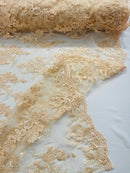 Beaded Sequins Floral Fabric - Peach - Embroidered Beaded Floral Clusters Sequins Fabric By Yard