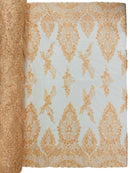 Beaded Floral Fabric - Peach - Luxury Bridal Floral Pattern Fabric With Beads, Sequins Sold By Yard