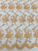 Jasmine Flower Fabric - Peach - Embroidered Floral Design Lace Mesh Bridal Fabric By Yard
