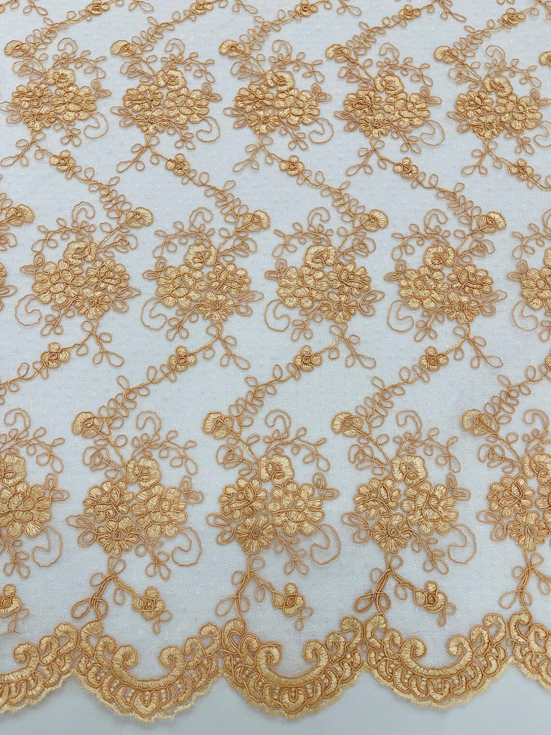 Jasmine Flower Fabric - Peach - Embroidered Floral Design Lace Mesh Bridal Fabric By Yard