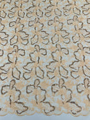 Flower Plant Sequins Fabric - Peach - Embroidered Sequins On Flower Pattern Lace By Yard