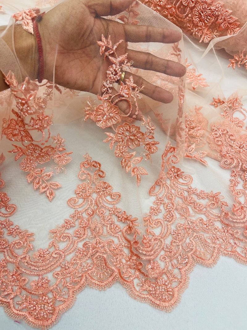 Floral Cluster Beaded Fabric - Peach - Embroidered Flower Beaded Fabric Sold By Yard