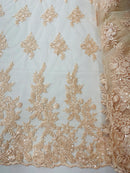Rose Beaded Sequin Fabric - Peach - Embroidered Floral Pattern with Beads and Sequins By Yard