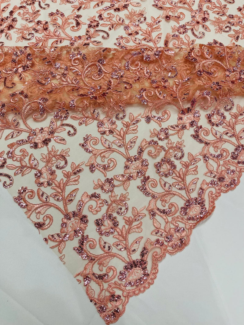 Floral Sequins Corded Fabric - Peach - Lace Sequins Fabric in Floral Pattern Sold By Yard