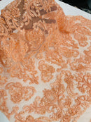 My Lady Beaded Fabric - Peach - Damask Beaded Sequins Embroidered Fabric By Yard