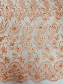 3D Floral Leaf Line Panels - Peach - 3D Embroidered Flower Lines with Pearls on Lace By Yard
