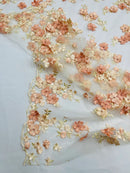 3D Multi-Color Flower Lace - Peach - Flower Leaf 3D Multi-Tone Fabrics Sold By Yard