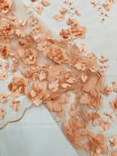 Floral 3D Pearl Fabric - Peach - Embroidered Double Border Flower Design Pearl Fabric By Yard