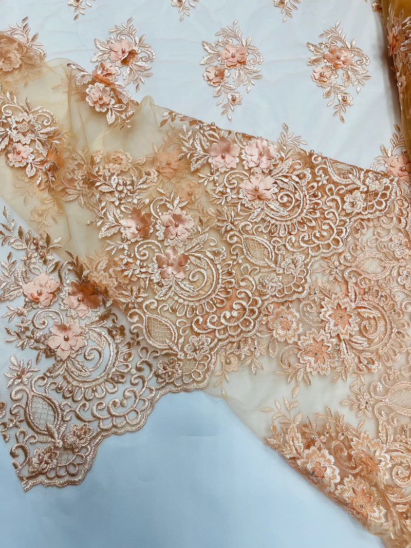 3D Floral Fabric with Pearls - Peach - Embroidered Flower and Leaf Patterns on Lace Fabric by Yard