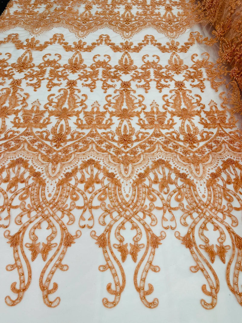 Damask Beaded Glam Fabric - Peach - Embroidery Beaded Fabric with Round Beads Sold By The Yard