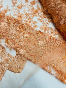 3D Scalloped Floral Fabric - Peach - Embroidered Floral Design on Lace Sold By Yard