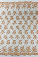 Floral Cluster Corded Fabric - Peach - Fancy Flower Embroidery Lace Mesh Fabric By Yard