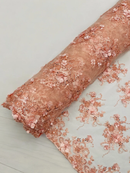 3D Flower Pearl Design - Peach - Embroidered Sequins Floral Clusters Lace Fabric By Yard