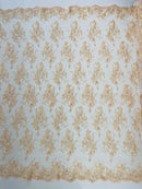 Beaded Sequins Floral Fabric - Peach - Embroidered Beaded Floral Clusters Sequins Fabric By Yard
