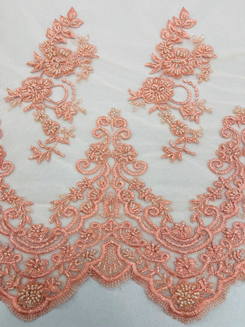 Floral Cluster Beaded Fabric - Peach - Embroidered Flower Beaded Fabric Sold By Yard