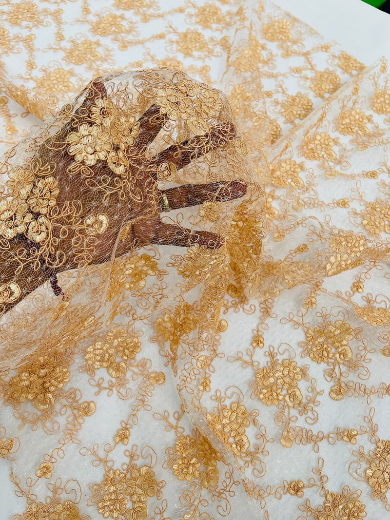 Jasmine Flower Fabric - Peach - Embroidered Floral Design Lace Mesh Bridal Fabric By Yard