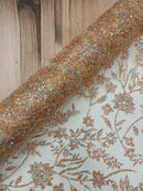 Floral Silver Bead Fabric - Peach - Beaded Flower Design with Sequins on Lace Mesh by Yard